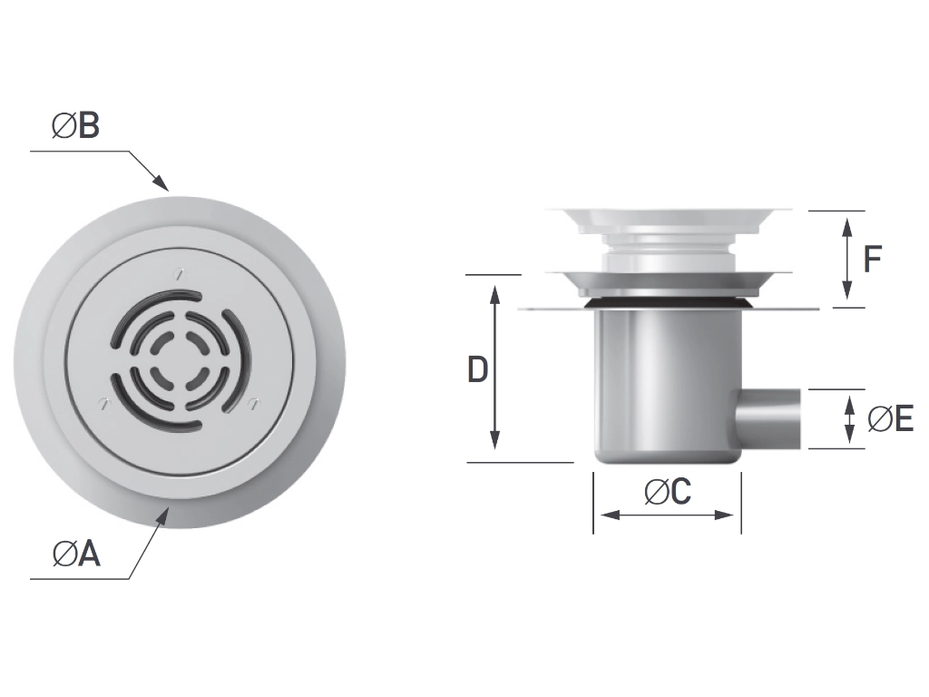 Herbish Vinyl Floor Drain HBV-125HA-WS top technical diagram showing drain dimension references