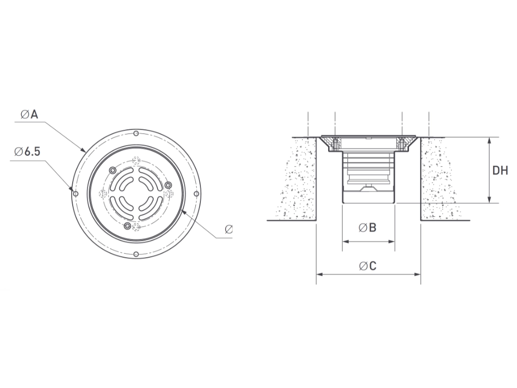 Herbish Vinyl Floor Drain HBV-125V-WS technical drawing showing drain reference points