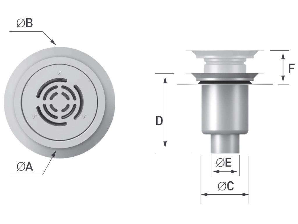 Herbish Vinyl Floor Drain HBV-125VA-WS technical diagrams showing drain dimension references