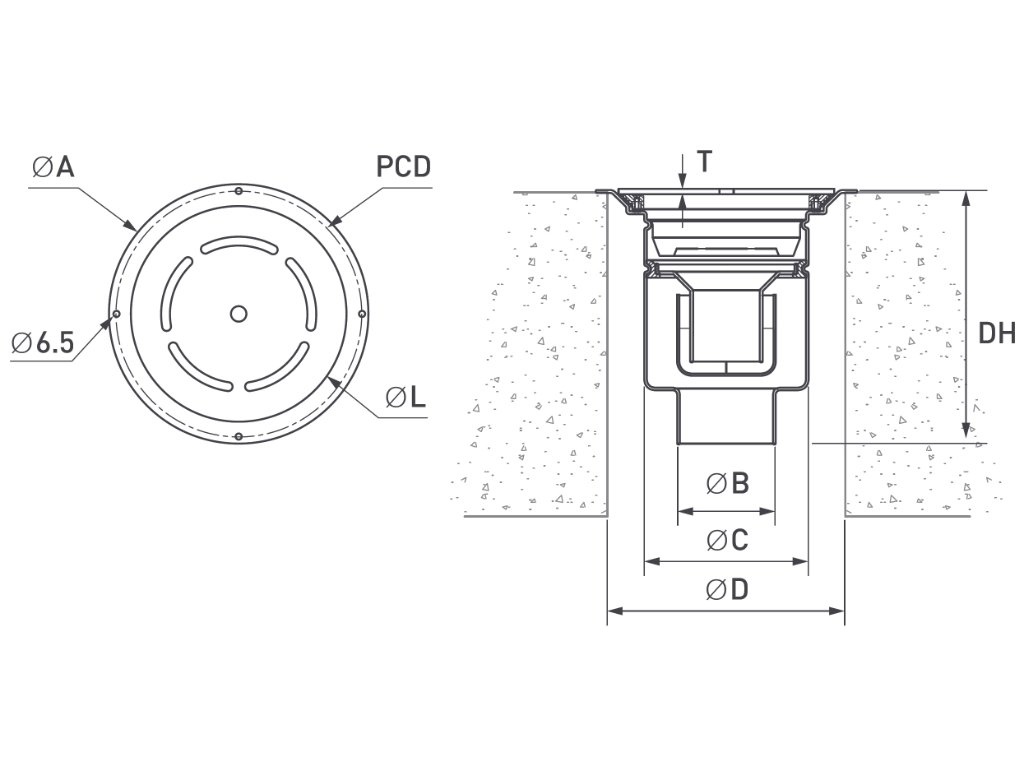 Herbish Vinyl Floor Drain HBV200V-WS technical diagrams showing drain dimension references