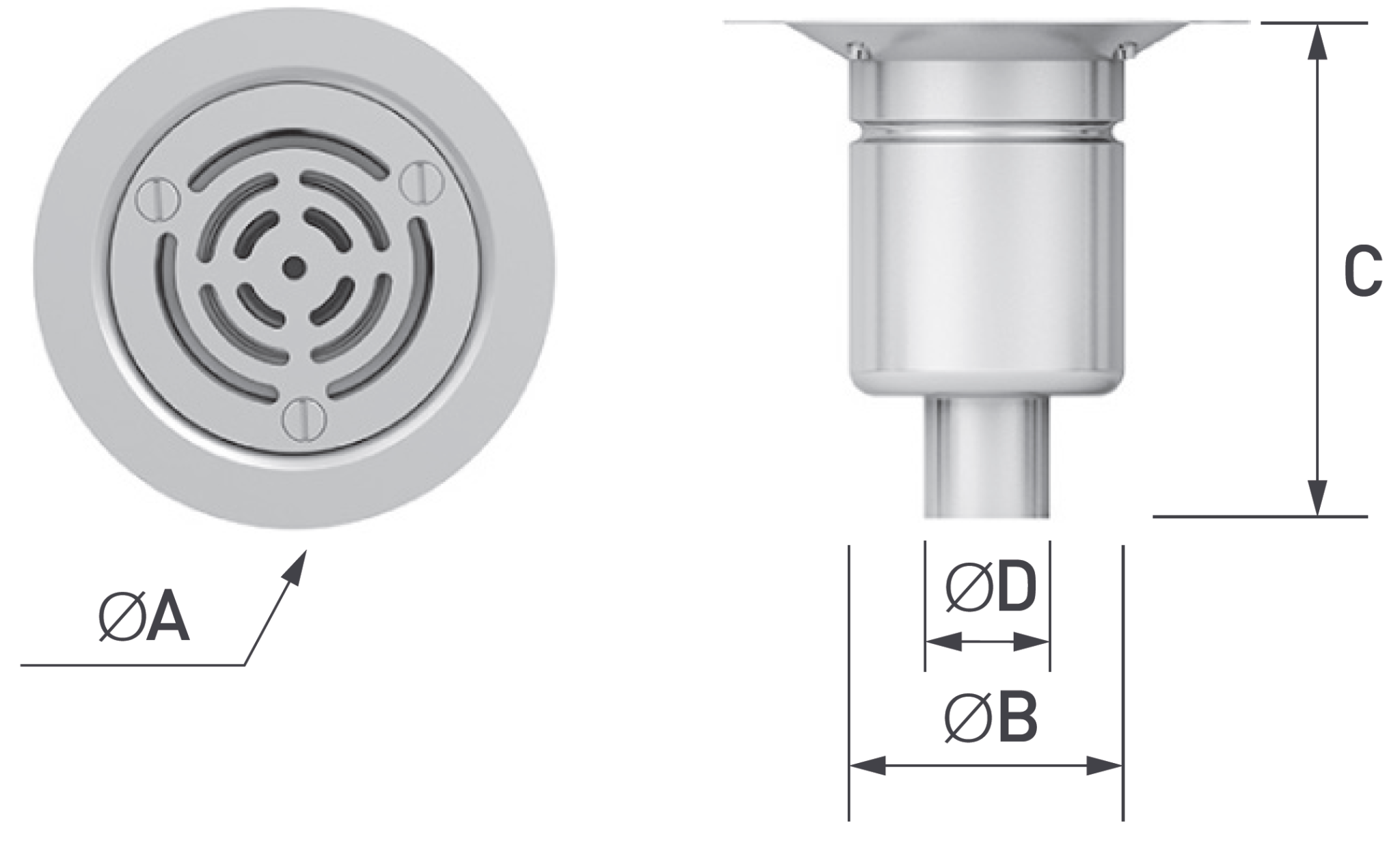 Herbish Vinyl Floor Drain technical diagram showing drain dimension references